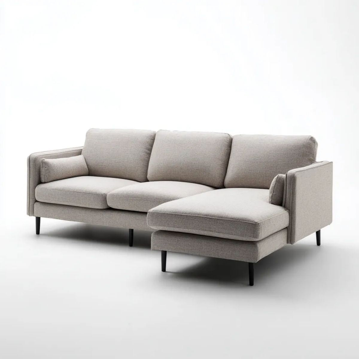 Jasnoszara sofa narożna z prawym szezlongiem z poliestru, 250 × 160 × 85 cm, czarne nogi