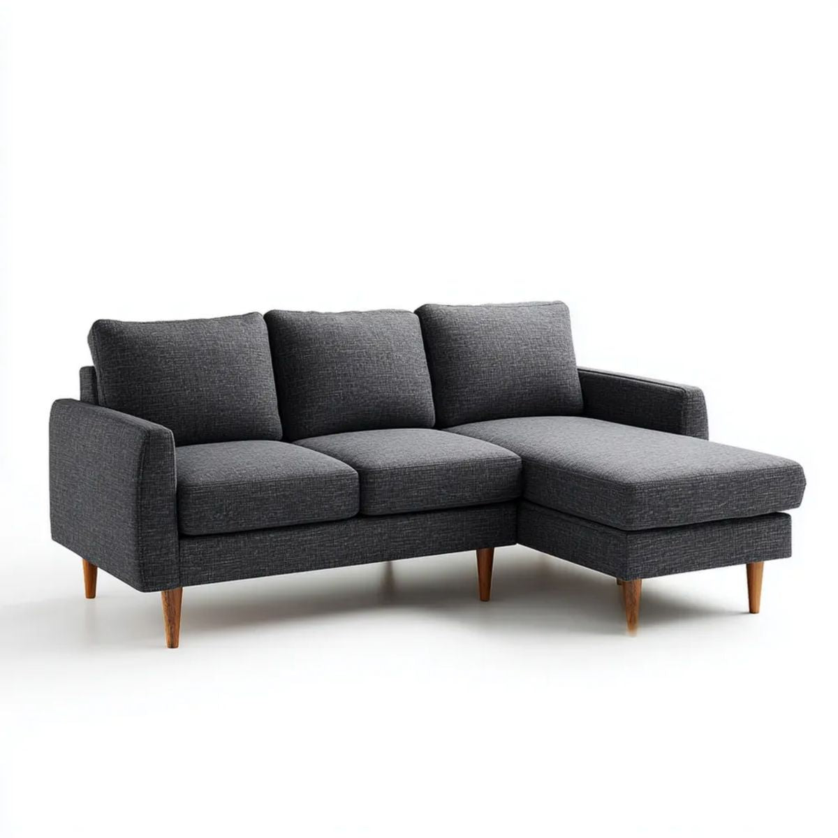 Prawostronna sofa narożna z szezlongiem, ciemnoszara tapicerka, 220 × 150 × 85 cm