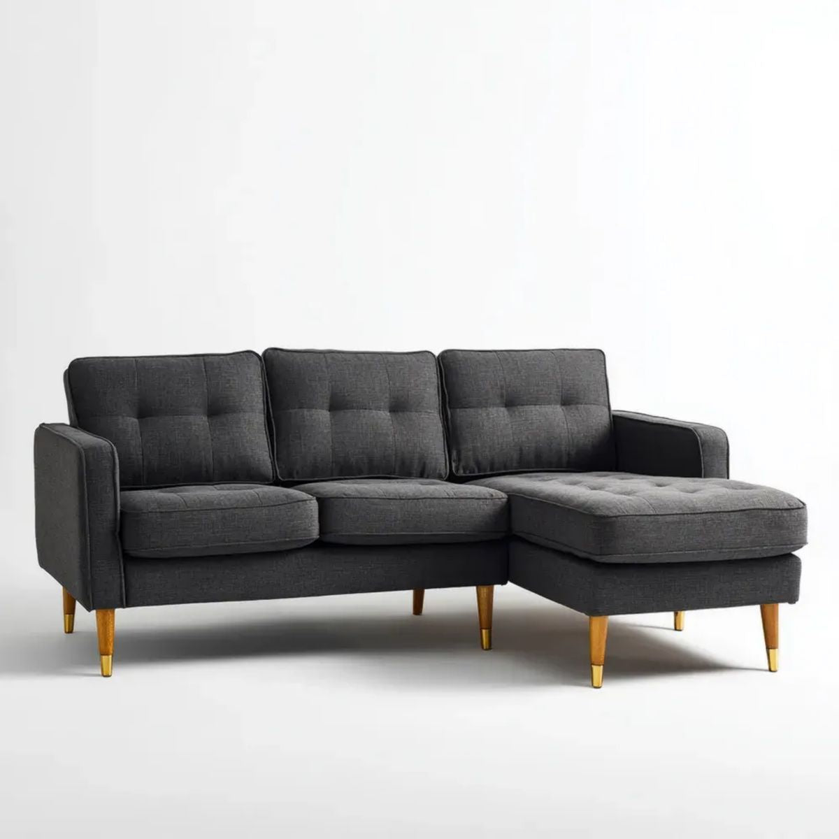 Grafitowa sofa narożna z szezlongiem w kształcie L, tapicerowana, 225 x 150 x 86 cm