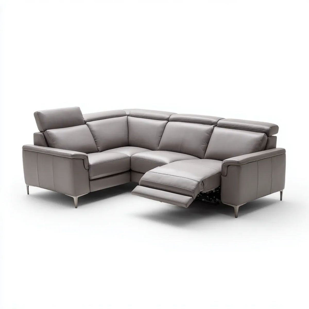 Szara narożna sofa ze skóry syntetycznej z funkcją relaks, kształt L, 280 x 220 x 98 cm