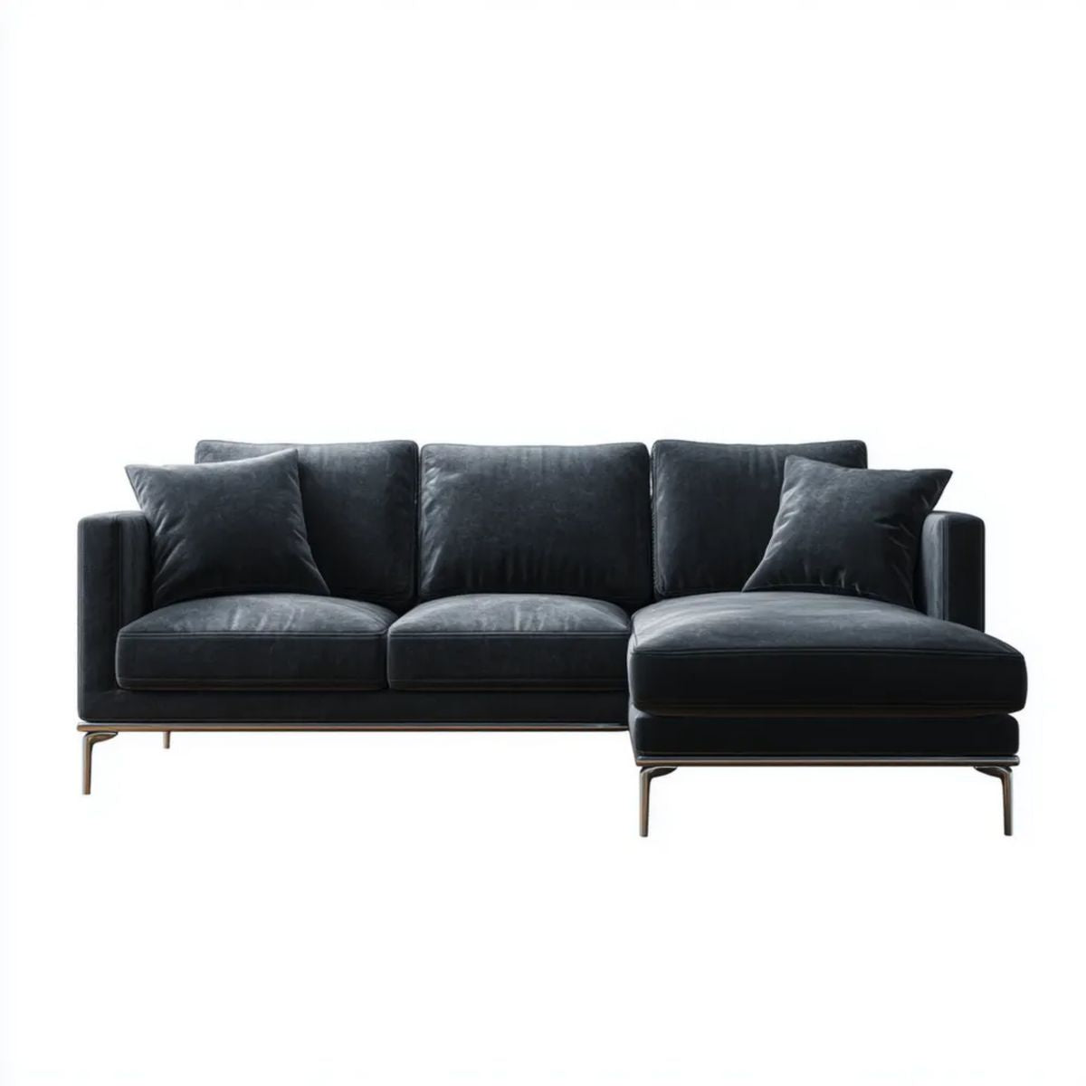 Prawostronna sofa narożna z szezlongiem w kształcie L, czarna, aksamitowa, 280 × 160 × 85 cm