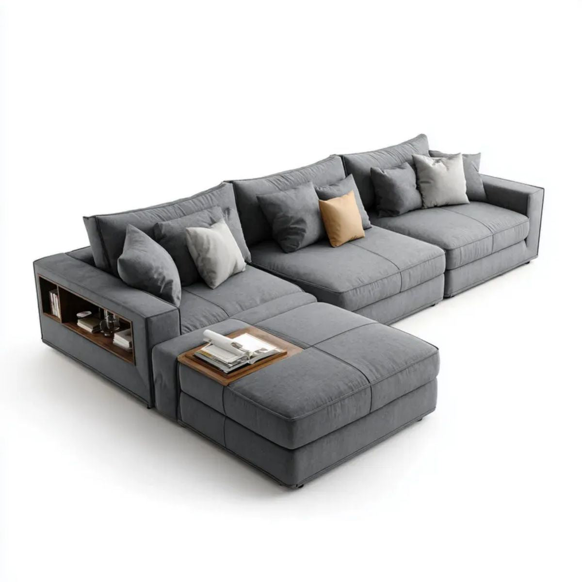 Modułowa sofa narożna z mikrofibry w kształcie L, szara/brązowa, 350 x 220 x 85 cm