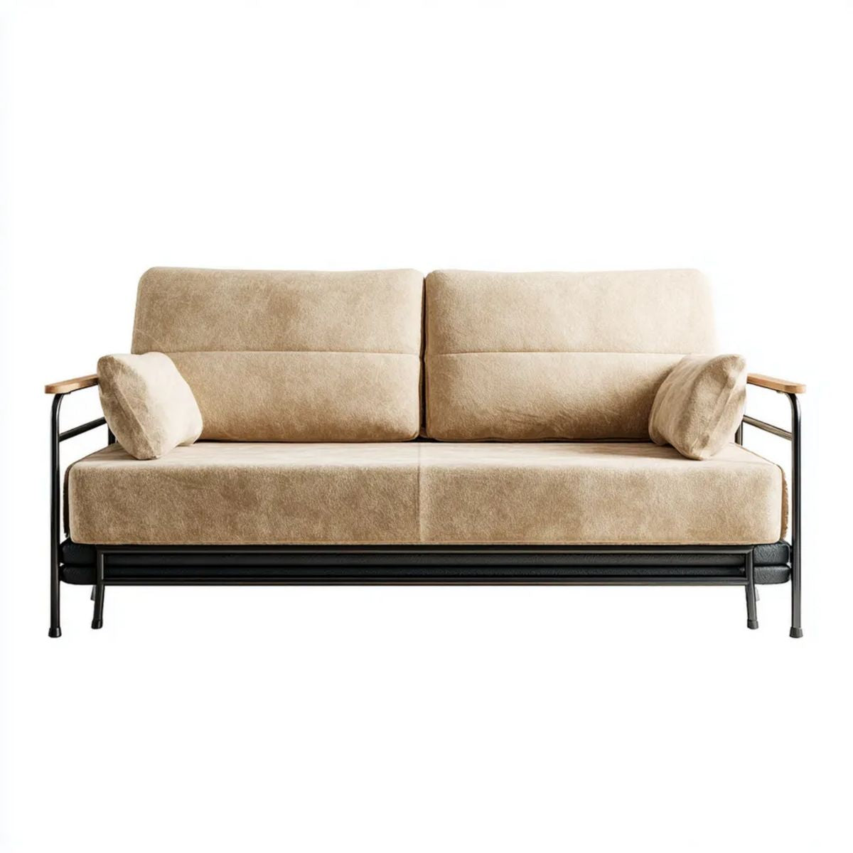 Sofa dwuosobowa beżowo-czarna z tapicerką poliestrową, stalową ramą i drewnianymi podłokietnikami, 150 × 80 × 85 cm