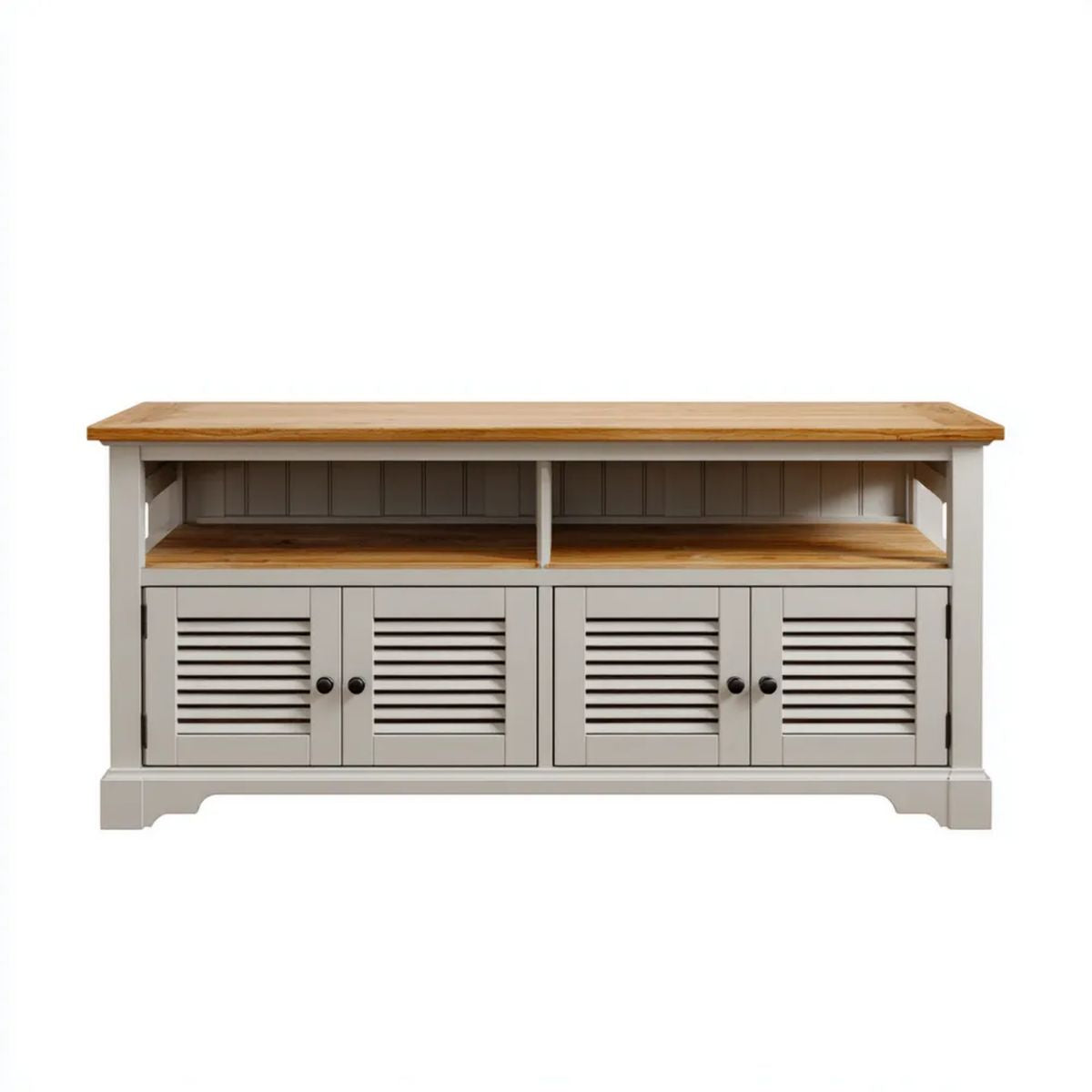 Szara szafka RTV MDF z blatem z naturalnego drewna 150 × 40 × 75 cm