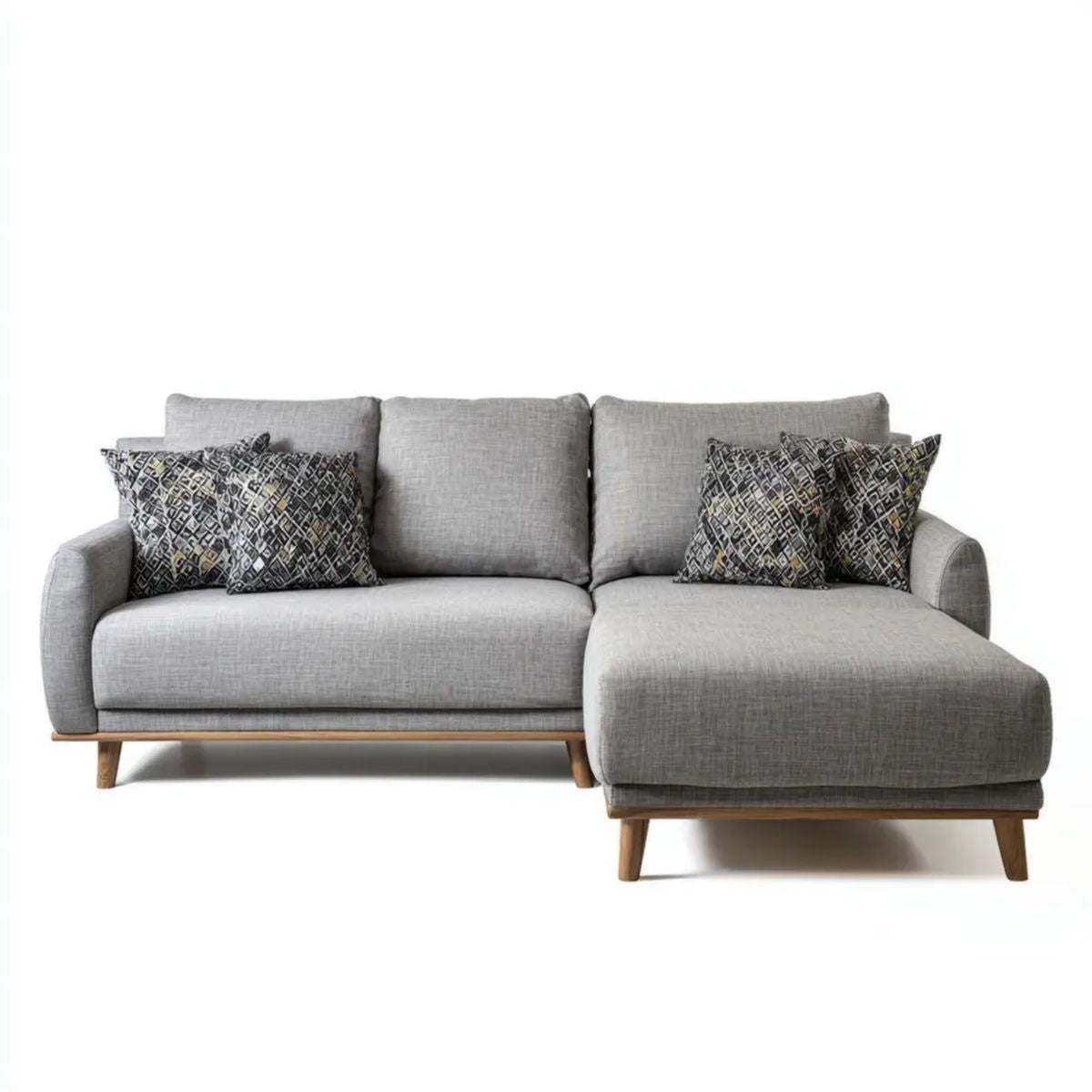 Szara 3-osobowa sofa narożna w kształcie L z prawostronnym szezlongiem, tkaninowa, drewniana, 230 × 150 × 85 cm