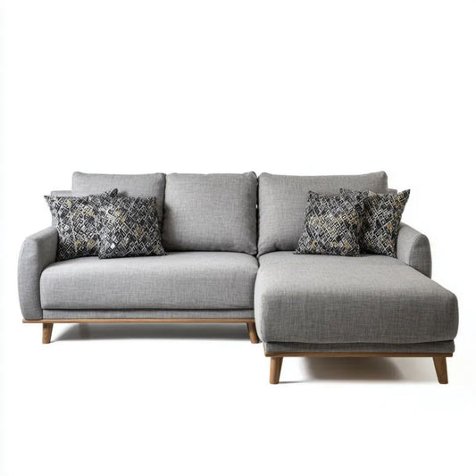 Szara 3-osobowa sofa narożna w kształcie L z prawostronnym szezlongiem, tkaninowa, drewniana, 230 × 150 × 85 cm