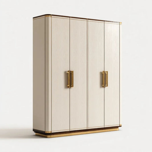 Kremowa szafa czterodrzwiowa z płyty MDF 180 × 60 × 200 cm ze złotymi uchwytami