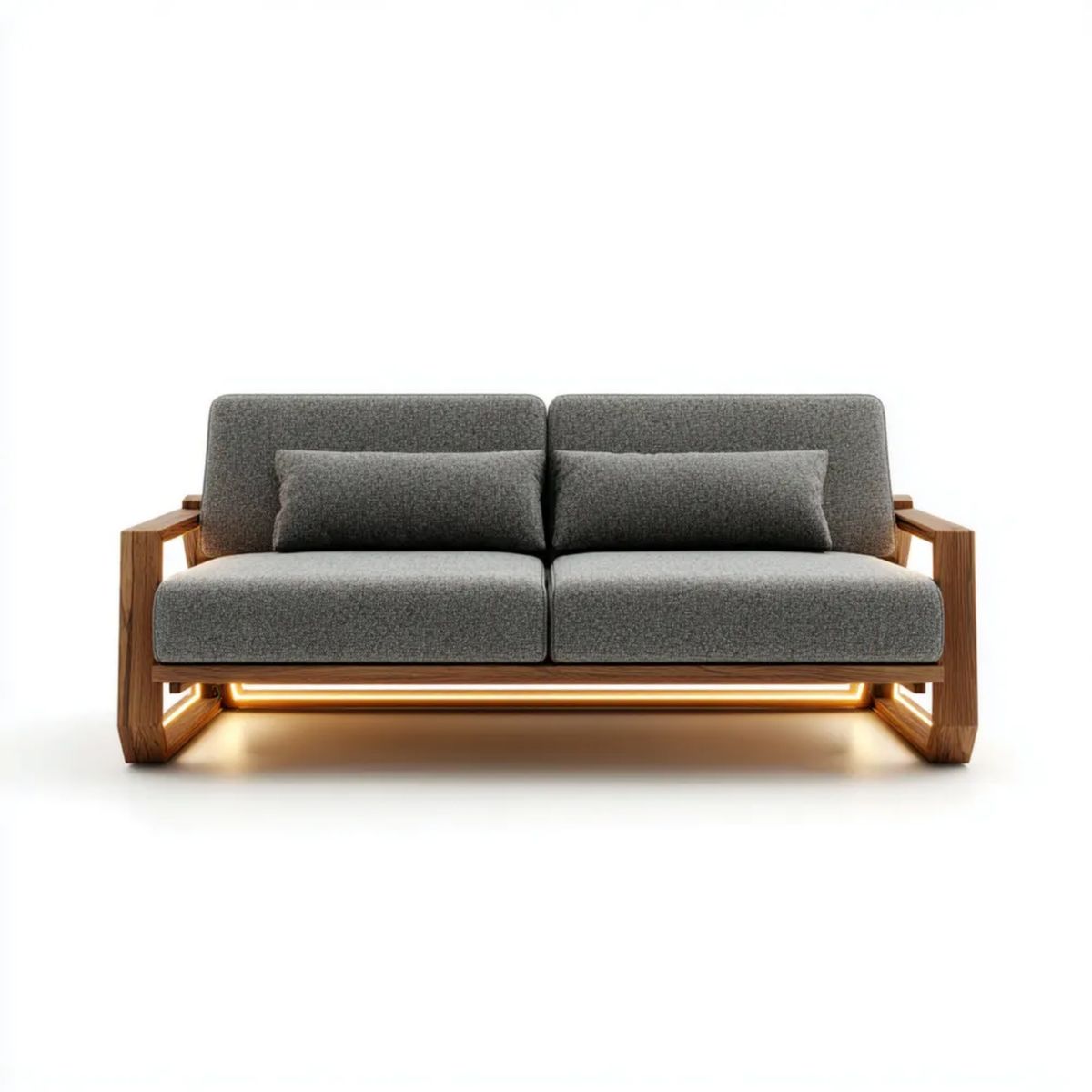 Dwuosobowa sofa z litego drewna i poliestru 160 × 80 × 78 cm szaro-brązowa z oświetleniem LED