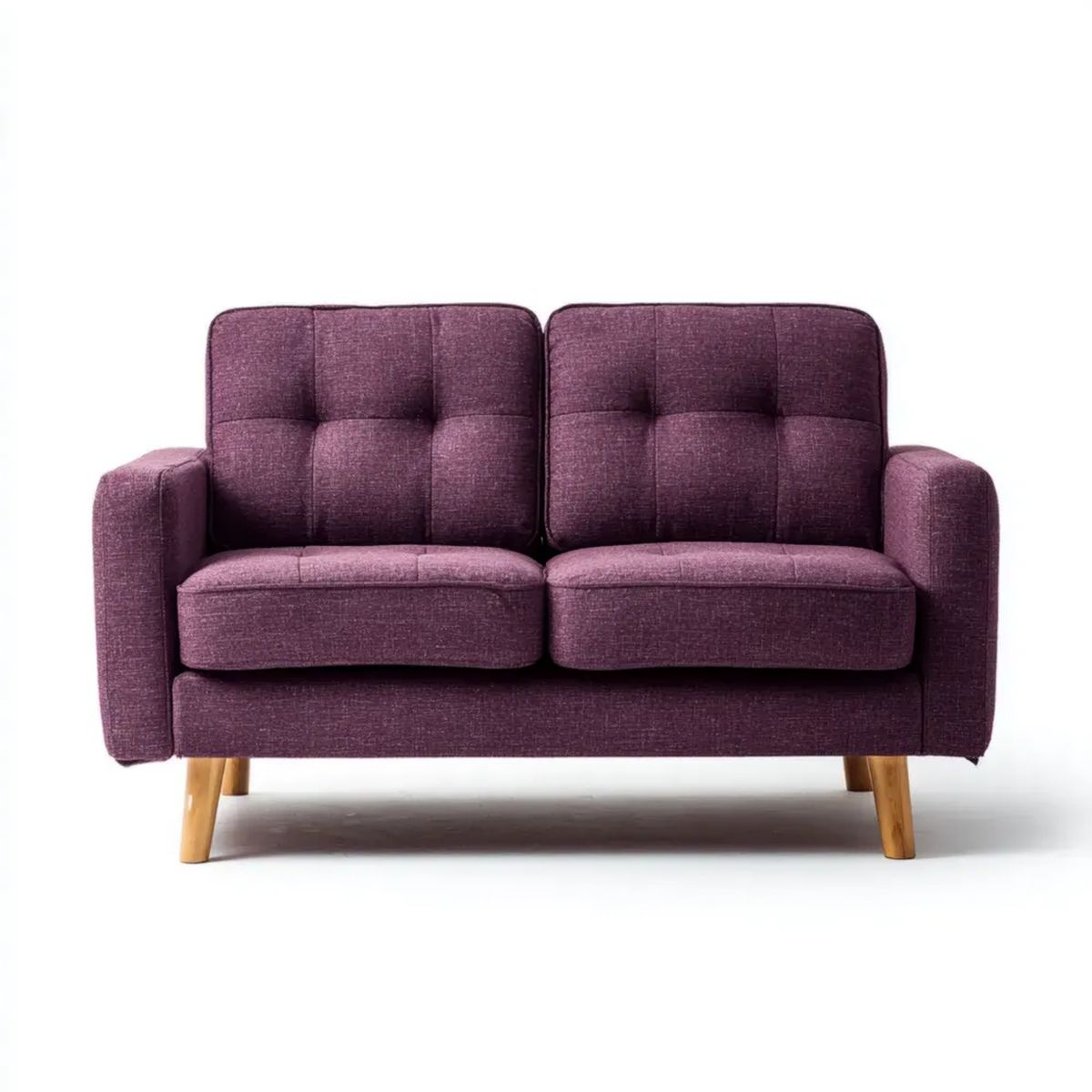 Dwuosobowa sofa tapicerowana z poliestru, fioletowa, 130 x 75 x 82 cm, z drewnianymi nogami