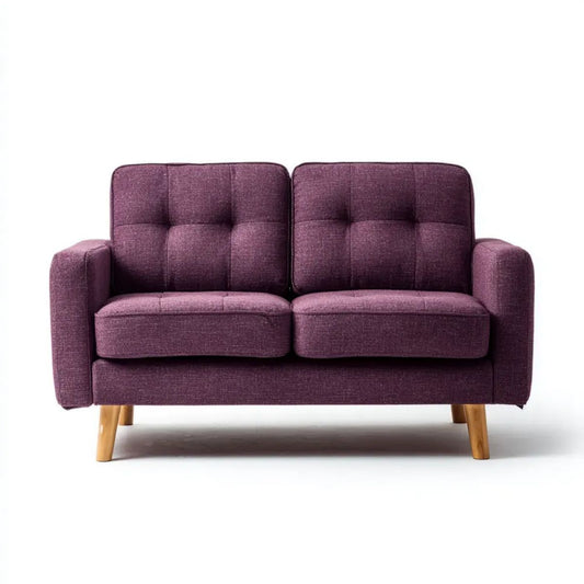 Dwuosobowa sofa tapicerowana z poliestru, fioletowa, 130 x 75 x 82 cm, z drewnianymi nogami