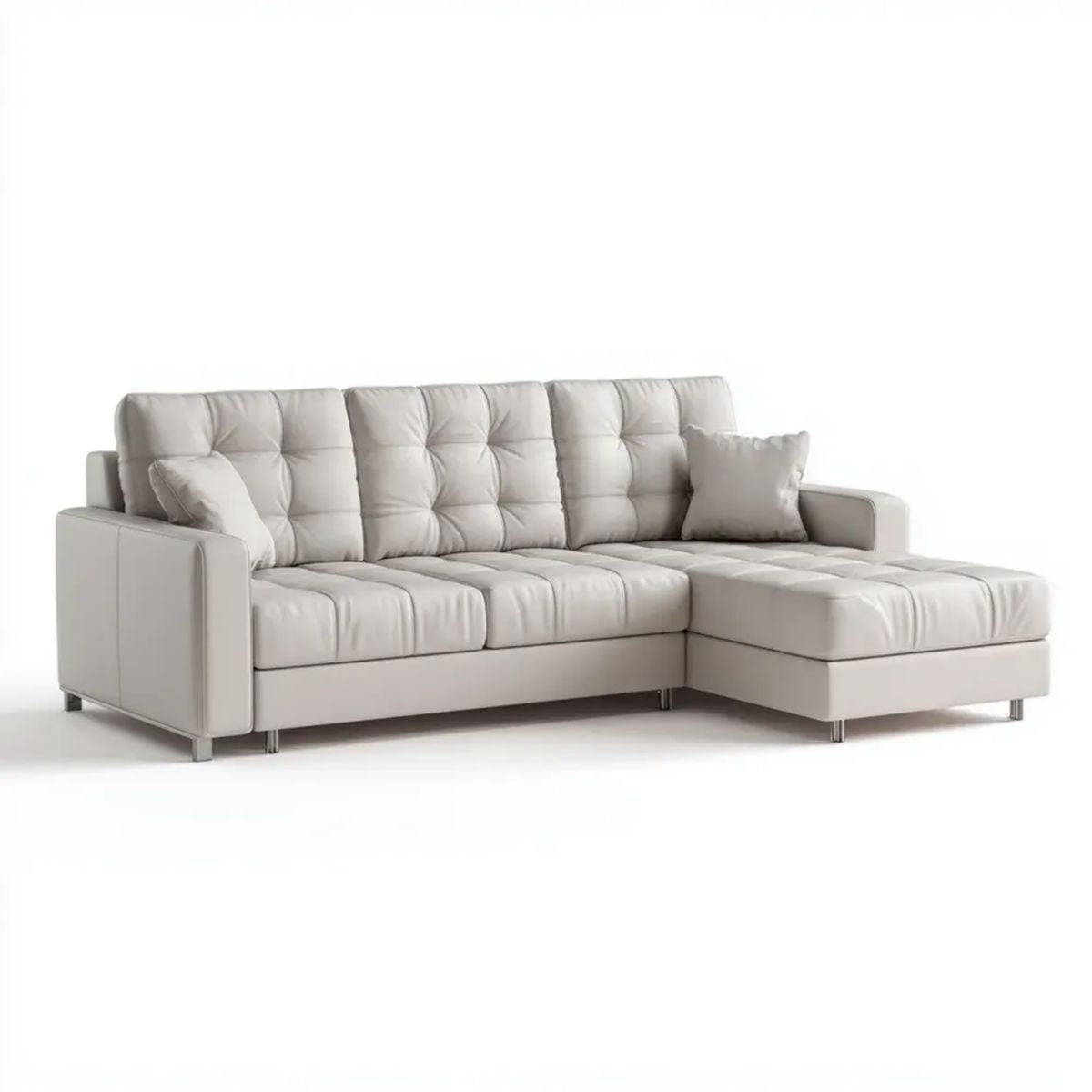Jasnoszara sofa narożna w kształcie L ze skóry syntetycznej, z prawostronnym szezlongiem, 260 × 160 × 88 cm