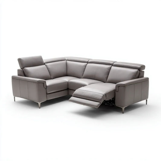 Szara narożna sofa ze skóry syntetycznej z funkcją relaks, kształt L, 280 x 220 x 98 cm