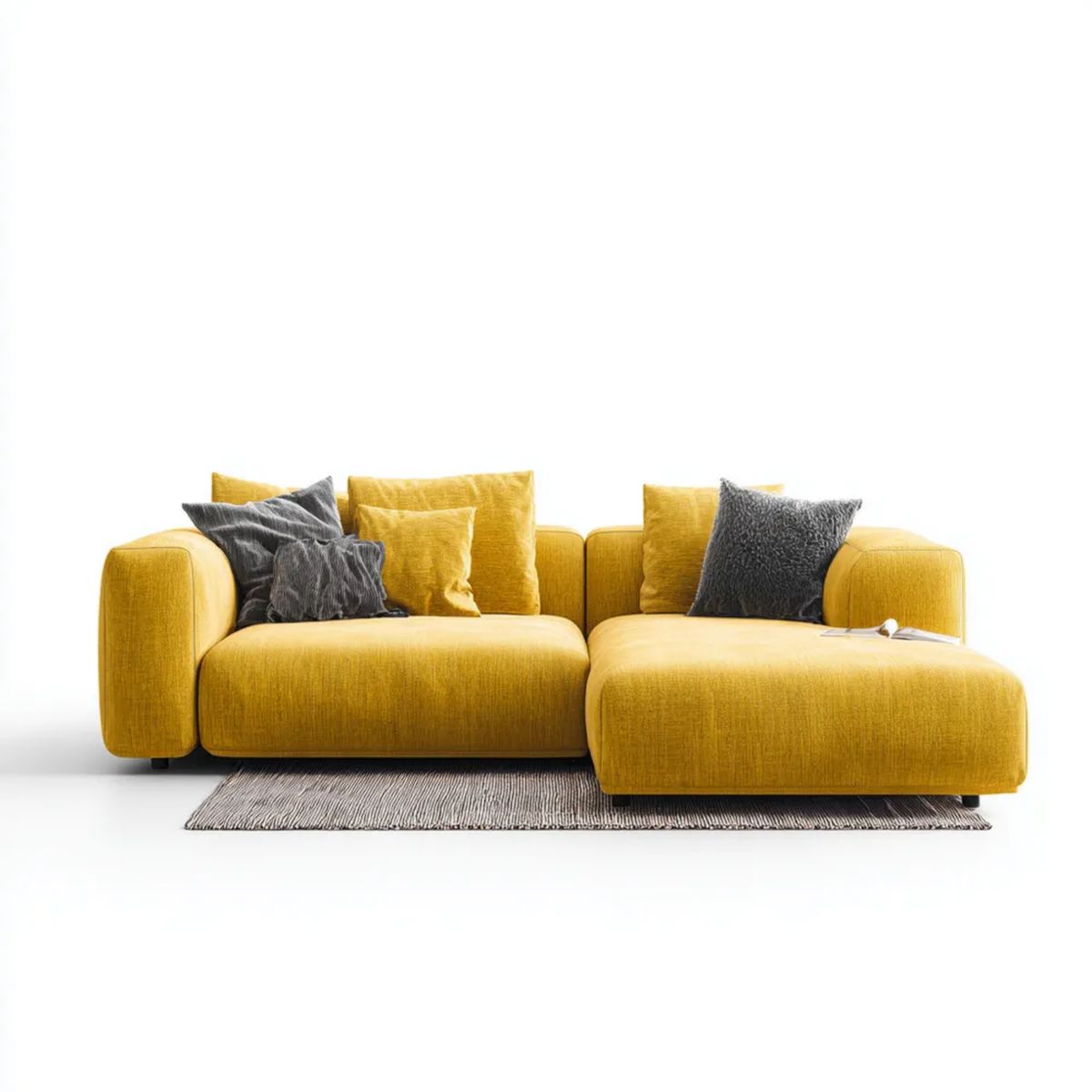 Musztardowa sofa narożna z szezlongiem w kształcie L, tapicerka poliestrowa, 280 x 160 x 85 cm