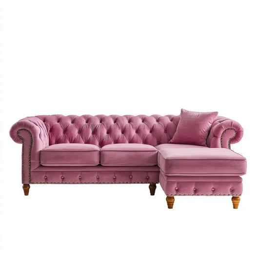 Prawostronna sofa narożna Chesterfield z aksamitu różowa 280 x 160 x 80 cm