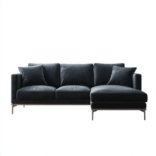 Prawostronna sofa narożna z szezlongiem w kształcie L, czarna, aksamitowa, 280 × 160 × 85 cm