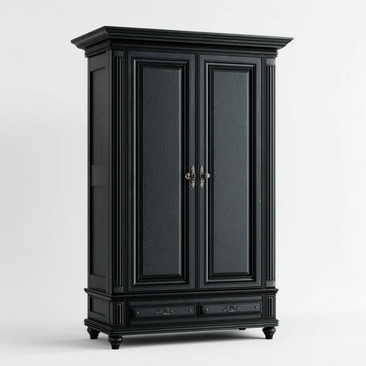 Czarna szafa do sypialni z płyty MDF, 2 drzwi i 2 szuflady, 108 × 62 × 205 cm