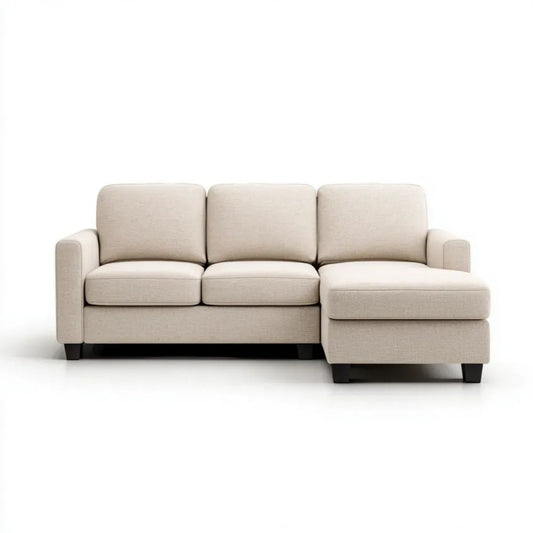 Beżowa sofa narożna 3-osobowa z szezlongiem po prawej stronie, poliester, 225 x 150 x 85 cm