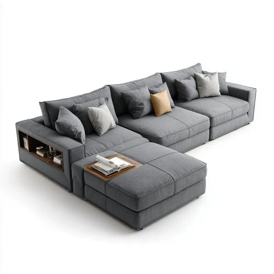 Modułowa sofa narożna z mikrofibry w kształcie L, szara/brązowa, 350 x 220 x 85 cm