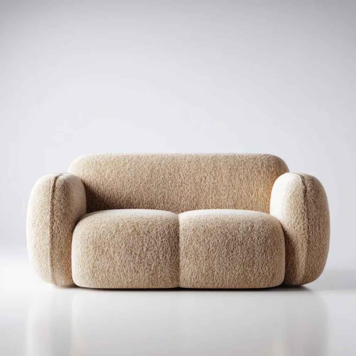 Beżowa sofa 2-osobowa z tapicerką bouclé, 170 × 90 × 75 cm, zaokrąglona