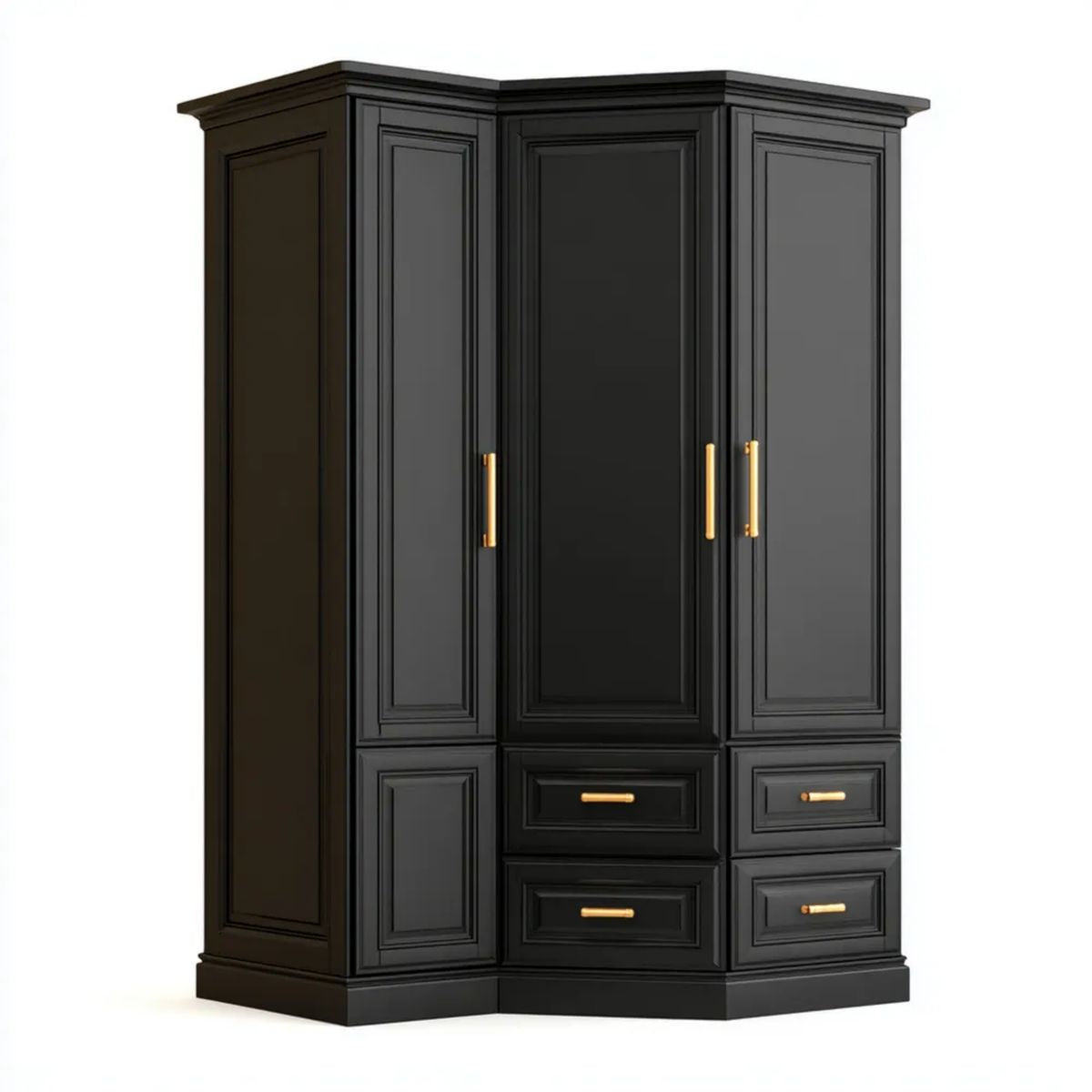 Czarna narożna szafa z płyty MDF, 3-drzwiowa z 4 szufladami, 150 × 150 × 220 cm, głębokość 55 cm