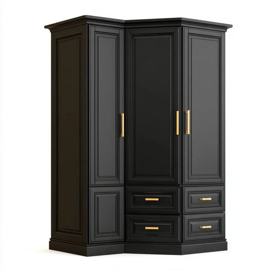 Czarna narożna szafa z płyty MDF, 3-drzwiowa z 4 szufladami, 150 × 150 × 220 cm, głębokość 55 cm