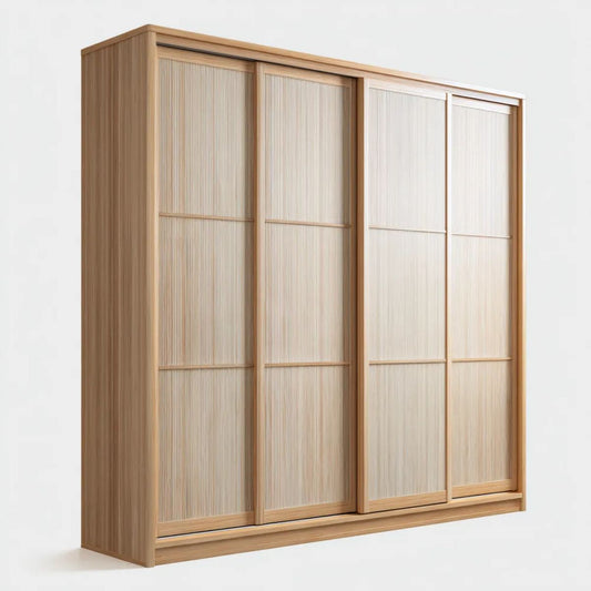 Szafa przesuwna 4-drzwiowa z MDF i szkła, jasny dąb/beż, 200 x 60 x 220 cm