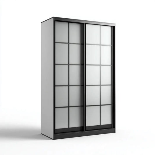 Szafa przesuwna szara z czarną ramą z płyty laminowanej i matowego szkła 150 × 60 × 200 cm