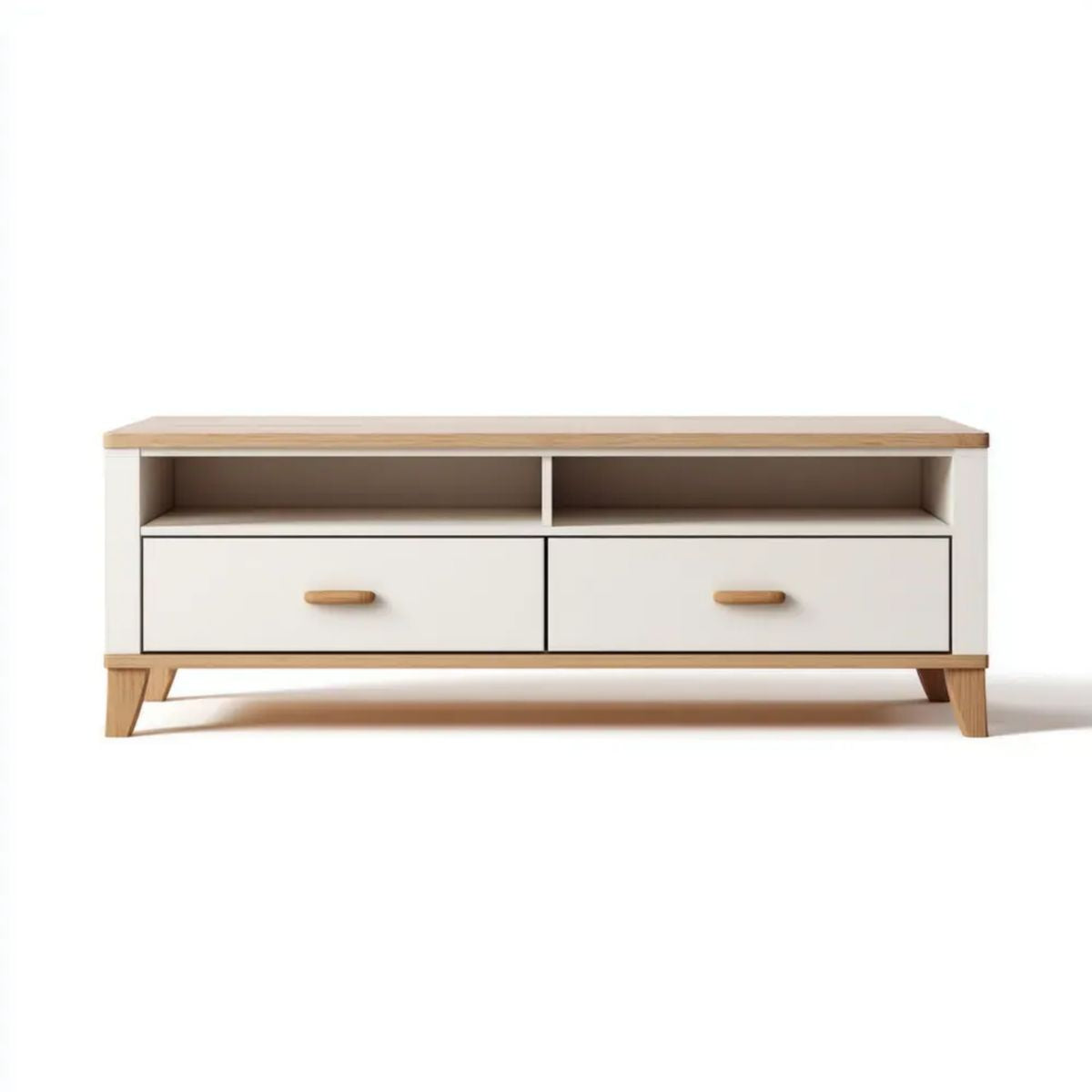 Szafka RTV biała z dekorem dębu, z płyty laminowanej, 140 × 40 × 50 cm
