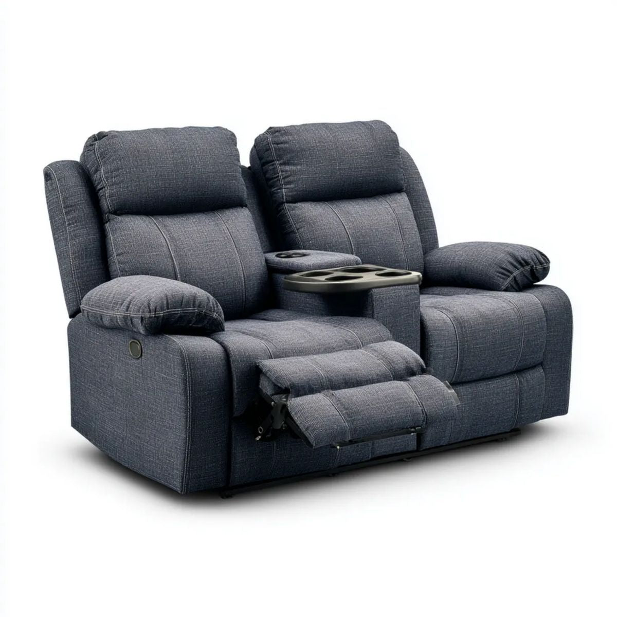 Ciemnoszara sofa dwuosobowa z funkcją relaks, konsolą i tapicerką poliestrową, 193 x 94 x 102 cm