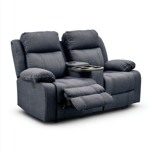 Ciemnoszara sofa dwuosobowa z funkcją relaks, konsolą i tapicerką poliestrową, 193 x 94 x 102 cm